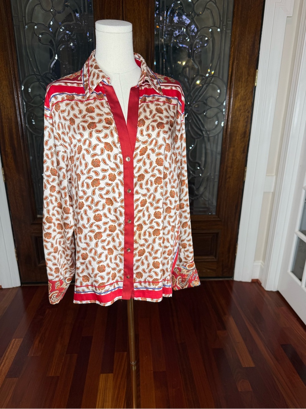 Zara Paisley Print Satin Trim Button Front Blouse Top XL